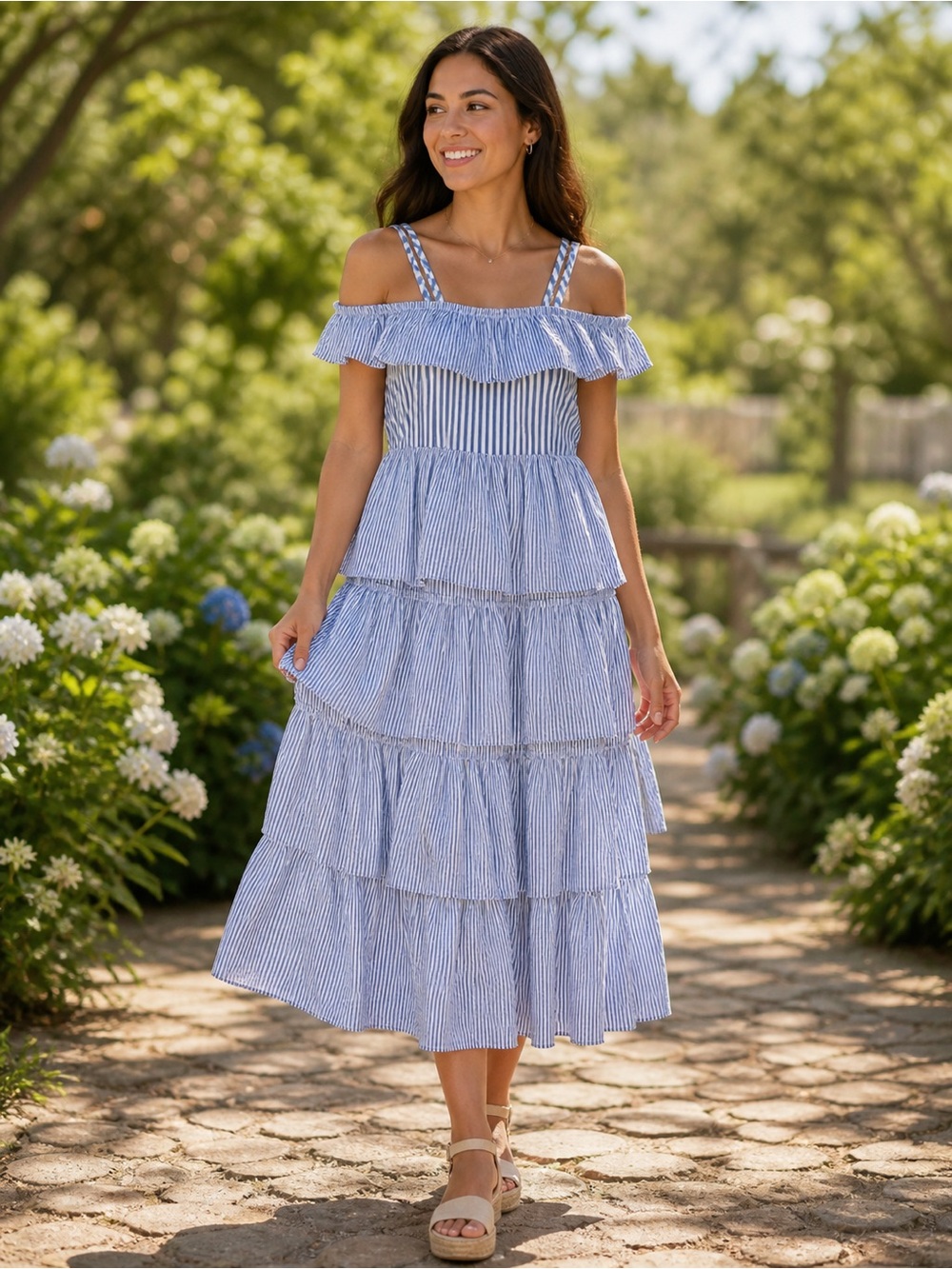 117. Victoria's Secret Blue and White Striped Tiered Off-Shoulder Maxi Dress